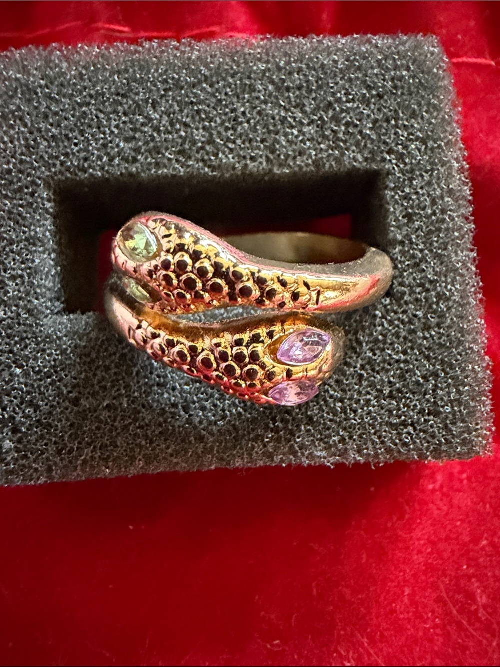 Gold-Tone Double Snake Ring, Lt. Green & Lt. Purple Accents, SZ 8, (J296)
